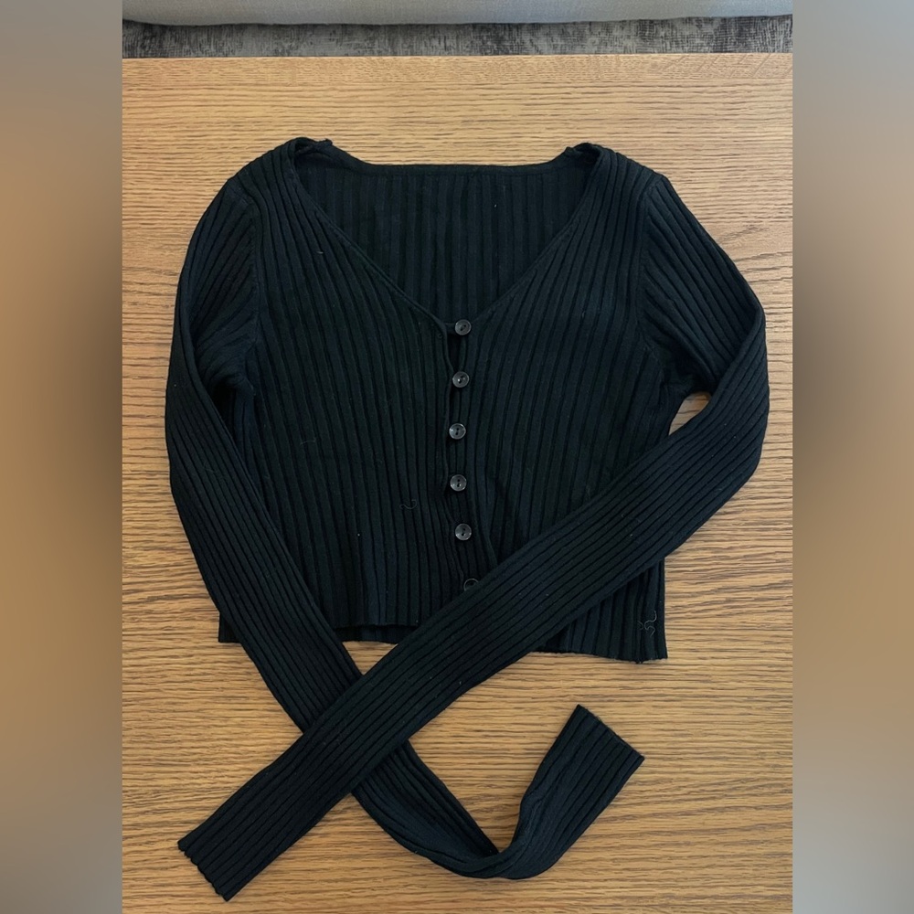Black Ribbed Button-Up Cardigan